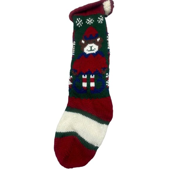 Christmas stocking knit bear elf puff ball strip red green 24" READ - Picture 1 of 6